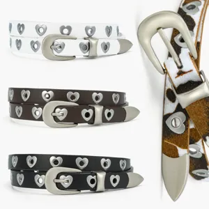 Ceinture Fine en Cuir PU Mode pour Femmes Boucle Ardillon en Métal Œillet Cœur Chaîne de Taille Minimaliste Polyvalente Ceinture Décorative