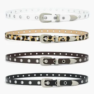 Femme fin boucle métal œillet ceinture ensemble mode décontracté PU cuir taille blanc