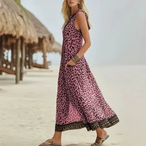 Women's Casual Leopard Print Sleeveless Hooded Dress American Style Zipper Pocket Midi Beach Dress