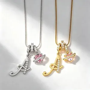 Superbe collier pendentif lettre A et cœur rose planète, élégant bijou en cuivre et zircone.