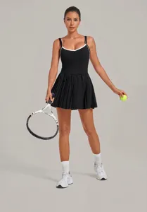 Black sleeveless tennis dress detail, activewear pleated sporty outfit for fitness workouts.