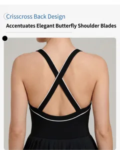 Detailed close-up back view of a black athletic tennis dress featuring chic crisscross straps.