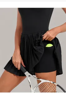 Black pleated tennis skirt with built-in shorts and pockets, activewear athletic dress.