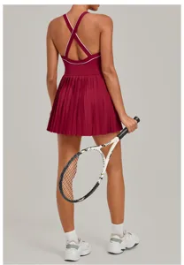 Women athletic tennis dress with pleated skirt backless sporty workout fitness activewear