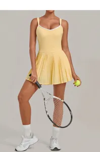 Women activewear tennis dress with built-in shorts backless colorblock pleated sportswear.