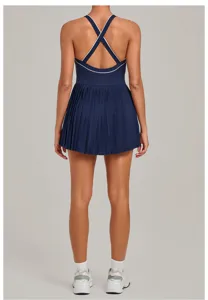 Backless tennis dress for women sports fitness pleated activewear dress with cross straps navy blue