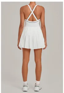 Detailed back view of white contrast backless tennis dress, perfect for fitness and sports.