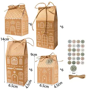 Set de cajas de regalo de papel de casita de jengibre navideña con pegatinas y cuerda.