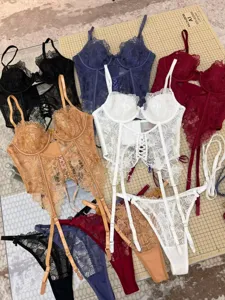 Sexy French lace bra set with garter straps, transparent floral embroidery lingerie for women.