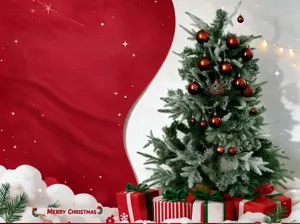 Christmas tree decoration set with frosted pine tree, red baubles, and wrapped gifts.