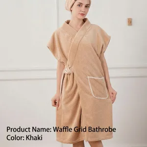 Detail view of the khaki waffle bath robe, showing soft quick-dry fabric and convenient pocket.