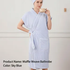 Light blue waffle bath robe for women, quick dry sleeveless wearable towel dress for home spa.