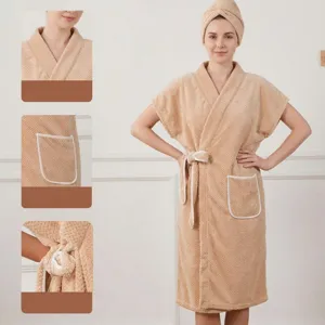 Waffle bathrobe detail highlighting the cozy V-neck, handy pocket, and adjustable waist tie.