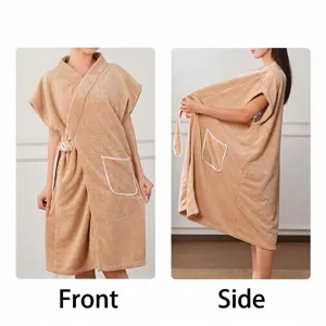 Waffle knit bathrobe detail, soft quick-drying bath towel with pocket, home wear.