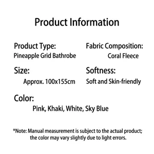 Detailed specification chart of coral fleece pineapple grid bathrobe showing size and colors.