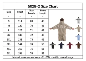 Größentabelle für lässigen Oversized Hoodie, detaillierte Maße von S bis 5XL.