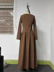 Damen einfarbig braun Langarm Maxikleid elegant Freizeit schmal A-Linie Herbst langes Kleid