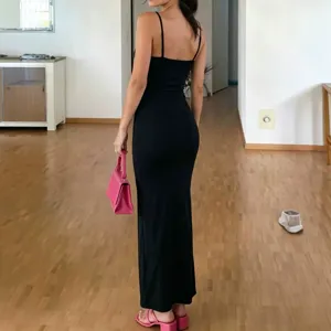Black spaghetti strap bodycon maxi dress, slim fit sexy slip dress for summer vacation.