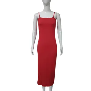 Red spaghetti strap bodycon midi dress, summer sexy slim fit casual dating party long dress.