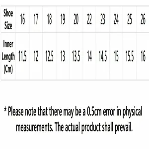 Dettagli tabella taglie scarpe per bambini, lunghezza interna da 11,5 cm a 16 cm, taglie 16-26.