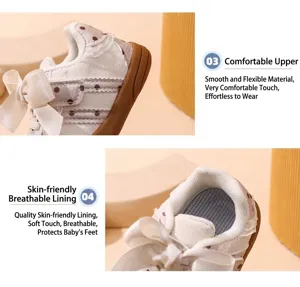 Scarpe primi passi per neonati con suola morbida, fiocco grazioso e tessuto molto traspirante.