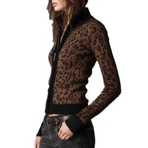Damen Retro Leo-Muster Reißverschluss Cardigan schmale Passform Langarm Strickjacke