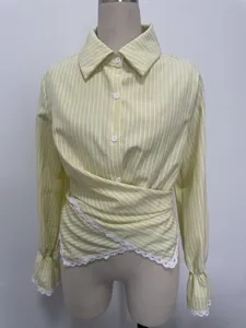 Stylish women's striped long sleeve wrap waist shirt with elegant lace trim details.