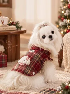 Cozy winter pet plaid vest for small dogs and cats, warm fleece-lined Christmas apparel.