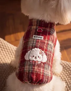 Thickened plaid pet vest for small dogs and cats, warm winter dog clothes with cute embroidery.