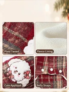 Close-up detail of warm pet vest with soft plaid fabric, cozy sherpa lining and snap buttons.