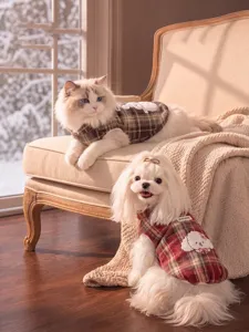 Detailed view of winter thickened plaid pet vest, cozy warm belly wrap for small dogs and cats.