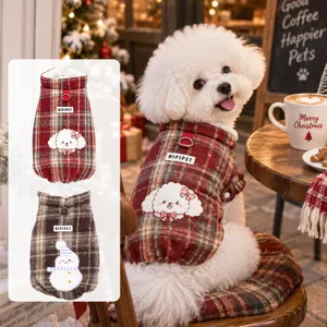 Pet Winter Warm Vest Plaid Fleece Dog Clothes Cute Cartoon Embroidery Puppy Apparel With D-Ring For Small Dogs