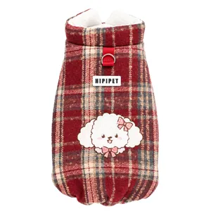 Thick red plaid pet winter warm vest with cute puppy embroidery and leash ring for dogs