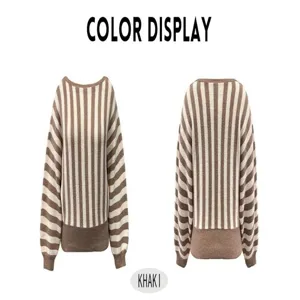 Classic retro striped knit sweater, casual crew neck loose pullover for autumn winter.