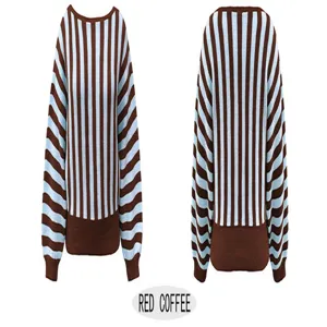 Detail shot of striped knit sweater back and front view showing blue brown vertical pattern.