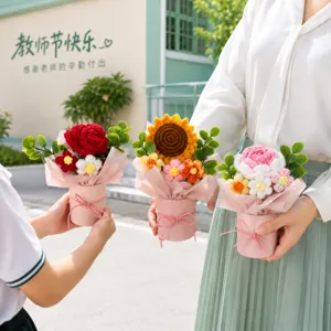Handmade crochet flower bouquet gift box, knitted sunflower potted gift for teacher day.