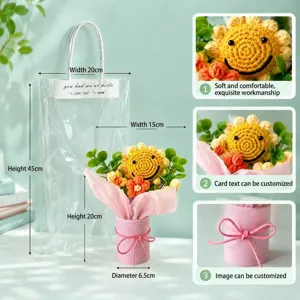 Handmade crochet sunflower bouquet gift box with transparent tote bag for celebration