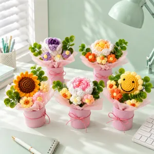 Handmade crochet flower bouquet detail view, beautiful knitted yarn potted gift for desk decor.