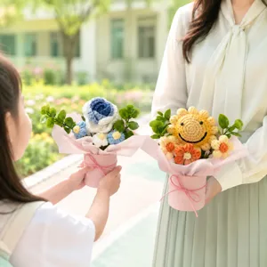Handmade crochet flower bouquet detail view, beautiful sunflower hugging bucket gift for girls.