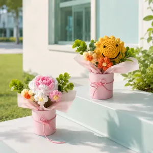 Handcrafted crochet sunflower and peony bouquet in a pink gift bucket, perfect gift.