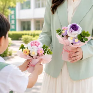 Handmade crochet flower bouquet gift in cute pink hug bucket for special celebrations.
