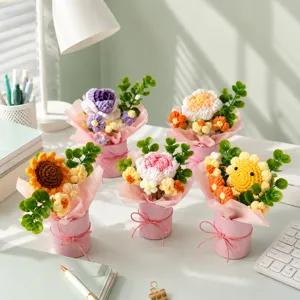 Handmade crochet flower bouquet detail view, perfect cute desk decor gift and lovely craft.