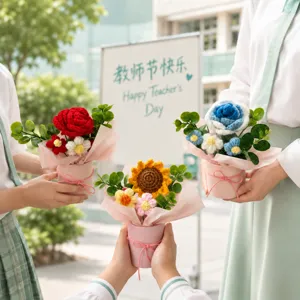 Handmade crochet flower bouquet gift knits sunflower rose potted plant home decor teacher present
