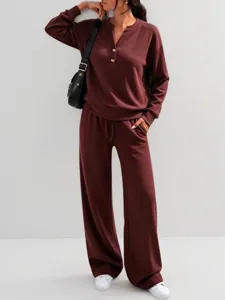 Completo due pezzi bordeaux da donna, top a manica lunga e pantaloni ampi comodi casual.