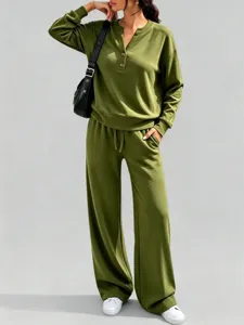 Completo Donna Autunno Casual Due Pezzi Top Maniche Lunghe Henley e Pantaloni Larghi