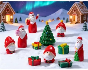 Christmas miniature Santa Claus gnome figurines set, cute snow scene DIY desktop decor.