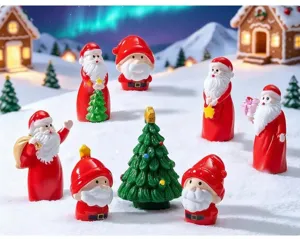 Christmas miniature Santa figurines snow landscape detail view for DIY holiday decoration