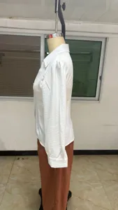 Women white long sleeve blouse, chic office commute elegant slant placket button down top.