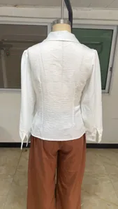 Women white long sleeve lapel blouse with brown pants commute professional autumn top