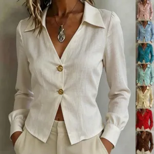 Women Asymmetric Placket V-Neck Blouse Long Sleeve Slim Fit Solid Color Shirt Office Work Commute Top With Gold Buttons